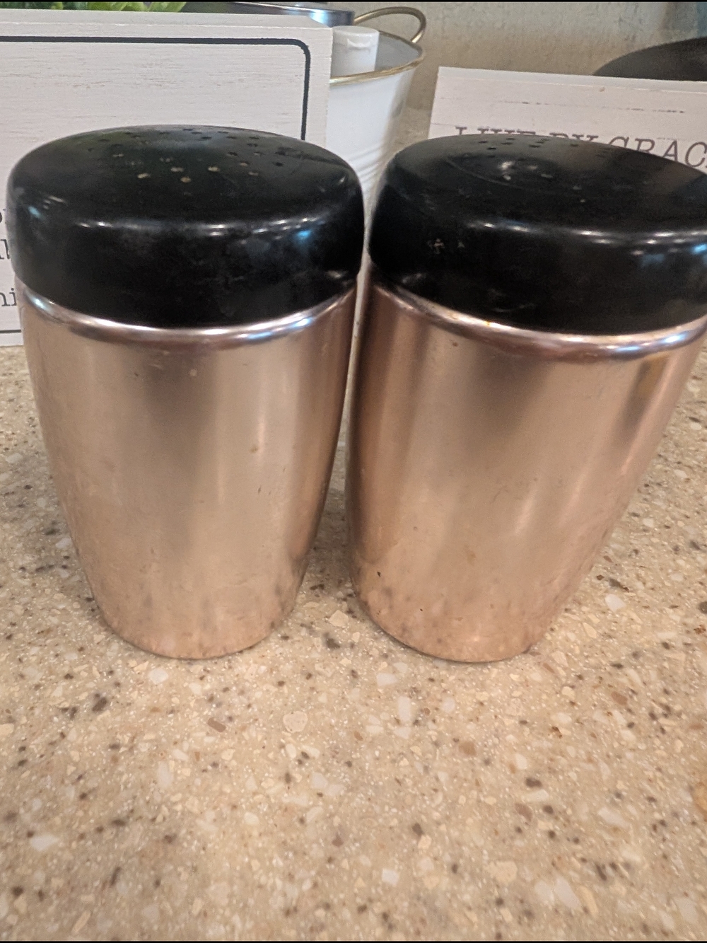 Vintage Metal Salt and Pepper Shaker Set with Black Lids - Rose Gold Tone